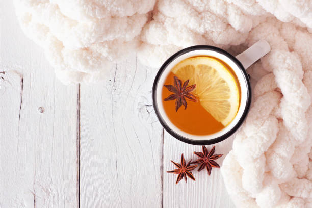 tè alle spezie al limone, vista dall'alto su uno sfondo di legno bianco con una coperta accogliente - homewares rustic herbal tea herb foto e immagini stock