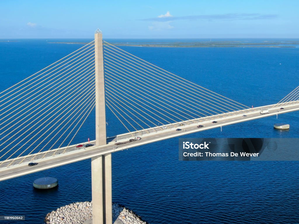 Aerial view of Sunshine Skyway, Tampa Bay Florida Aerial view of Sunshine Skyway, Tampa Bay Florida, USA. Big steel cable suspension bridge. Florida - US State Stock Photo