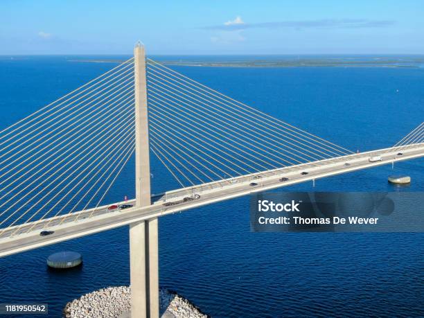 Aerial View Of Sunshine Skyway Tampa Bay Florida Stock Photo - Download Image Now - Florida - US State, Traffic, Tampa