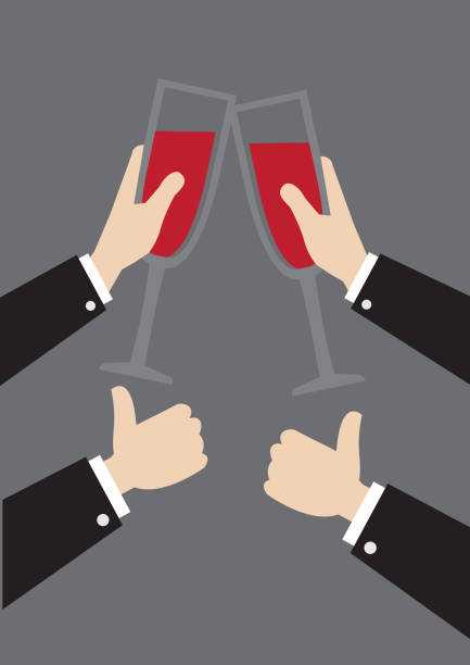 Corporate Party Event Vector Illustration Vector illustration of hands in formal long sleeves suit clinking wine glasses and thumbs up gestures isolated on grey background. Concept for corporate party. carouse stock illustrations