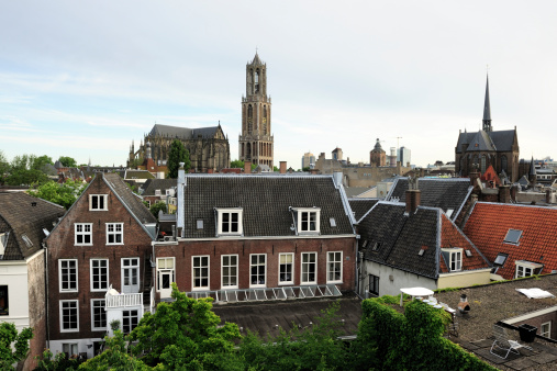 Haarlem, Netherlands, August 3, 2021; Historic houses on the main square in the center of Haarlem.