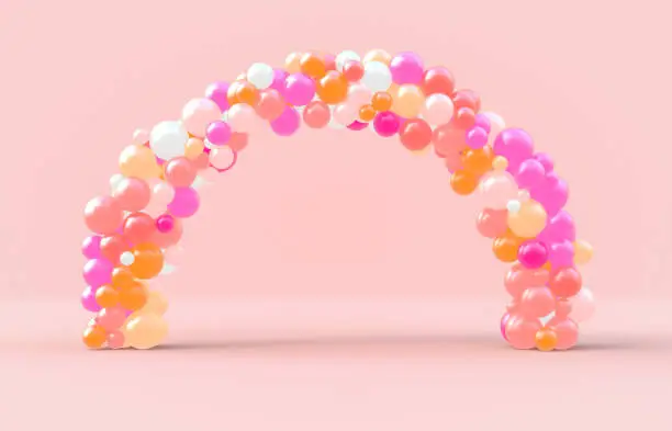 Photo of Sweet Valentine's day arch frame with pink candy ballloons backdrop. Love Concept. Pink background.