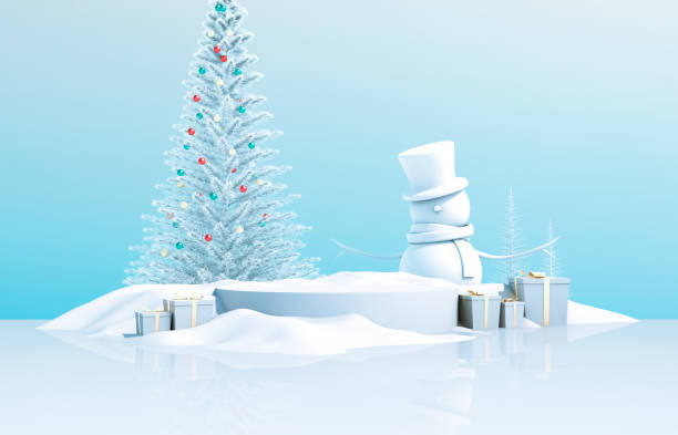Abstract 3d composition. Winter Christmas background with Christmas tree, snow man and gift box.