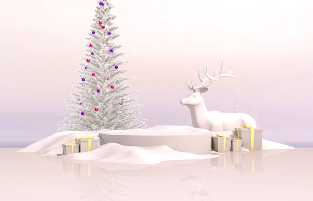 composizione 3d astratta. sfondo natalizio invernale con albero di natale, renne e confezione regalo. - backdrop design decoration winter foto e immagini stock