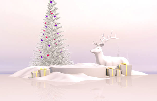 Abstract 3d composition. Winter Christmas background with Christmas tree, reindeer and gift box.