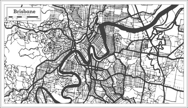 ilustraciones, imágenes clip art, dibujos animados e iconos de stock de brisbane australia mapa de la ciudad en color blanco y negro. mapa de esquema. - brisbane