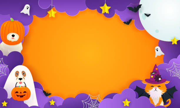 glücklich halloween hintergrund vektor illustration. süßes haustier in halloween-kostüm - kunst und handwerkserzeugnis stock-grafiken, -clipart, -cartoons und -symbole