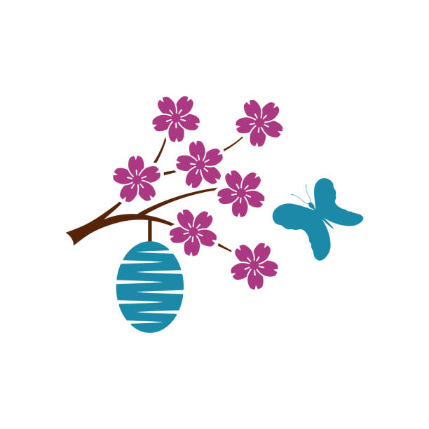 꽃이 만발한 벚꽃 나무와 날아다니는 나비에 고치. - silkworm stock illustrations