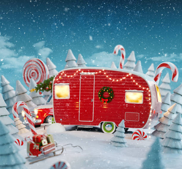 święty mikołaja czerwony camper - christmas window magic house zdjęcia i obrazy z banku zdjęć