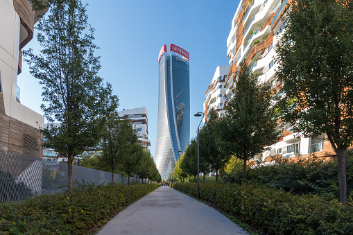 Milan, Italy - October 7, 2019: Skyscraper Generali Tower headquarters of the Generali Group's offices in Milan and Hadid Residences in new district of CityLife