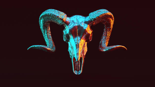 crâne argenté de ram avec l'orange rouge et le vert bleu moody 80s éclairage avant - goat skull photos et images de collection