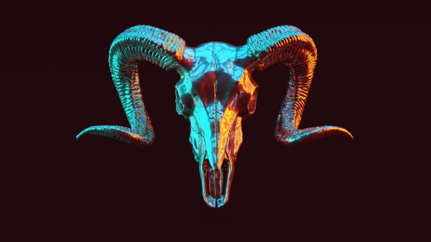 Silver Ram Skull with Red Orange and Blue Green Moody 80s lighting Front