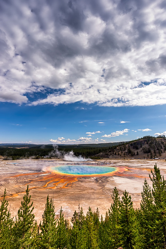 Midway Geyser Basin, Yellowstone National Park, Wyoming / USA :August 27 2017: The Grand Prismatic Spring in Yellowstone National Park is the largest hot spring in the United States, and the third largest in the world.