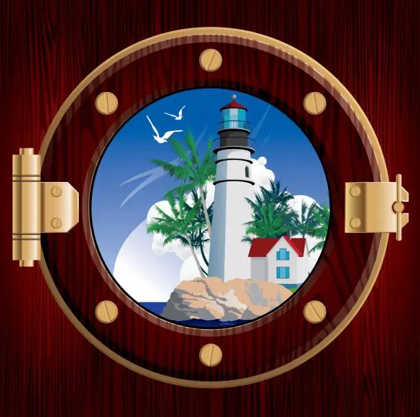 Vector illustration of Lighthouse through Porthole