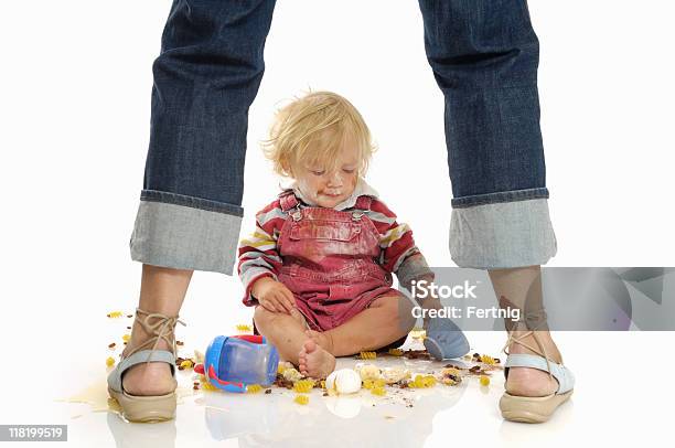 Toddler Making A Mess On The Floor Stock Photo - Download Image Now - Chaos, Mother, Blond Hair