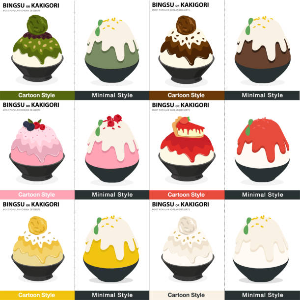 stockillustraties, clipart, cartoons en iconen met set van bingsu of kakigori meest populaire dessert koreaanse illustratie vector - cafe snow