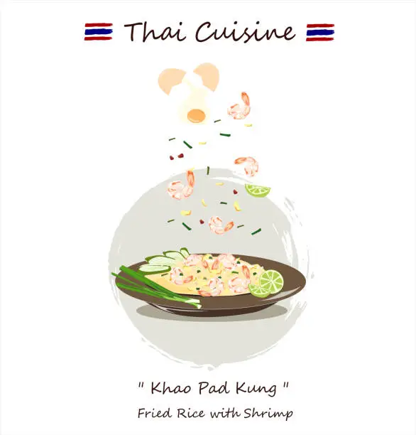 Vector illustration of Stir rice prawn with egg is delicious Thai food (Khao-Pad-Kung).