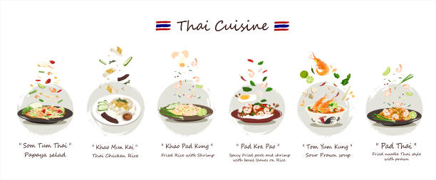 zestaw dań kuchni tajskiej. zestaw pysznych tajskich wektorów żywności wyizolowanych na białym tle. - thai culture food ingredient set stock illustrations