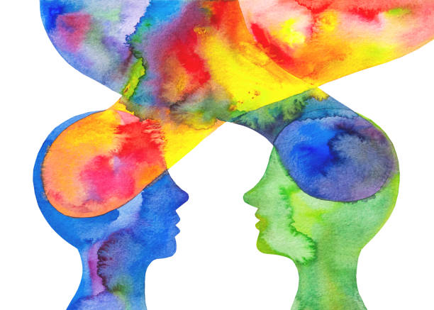 Telepathy. Conceptual painting. Dialogue between two people. Graphic drawing. intelligence gathering stock illustrations