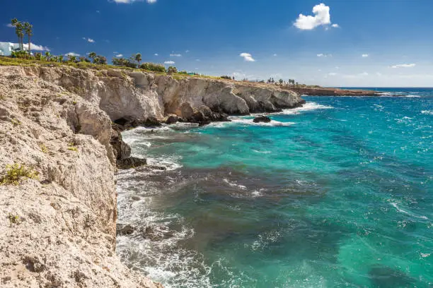 Rocky coast and clear turquoise sea water, Ayia-Napa, Cyprus.