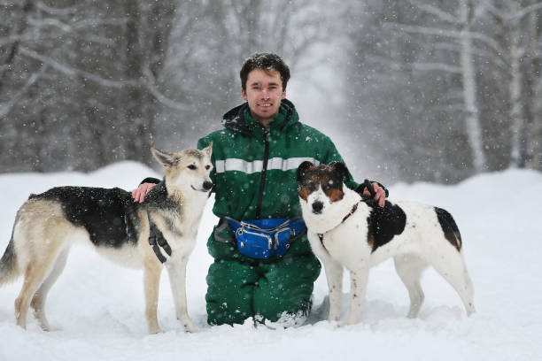 istock Two dogs walk outdoors in winter with an owner 1182003676