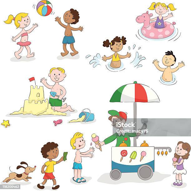 Summer Kids Playing Fun Beach Set Stock Illustration - Download Image Now - Beach, Dog, Ice Cream Cone