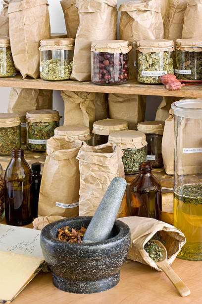 Different types of herbs on shelves stock photo