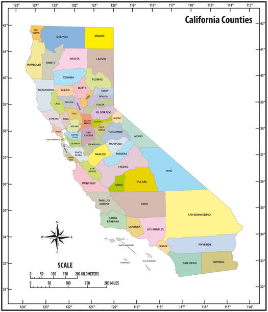 california state skizzieren administrative und politische karte in farbe - california map counties county stock-grafiken, -clipart, -cartoons und -symbole