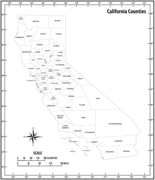 california state skioutline administrative und politische karte in schwarz und weiß - california map counties county stock-grafiken, -clipart, -cartoons und -symbole