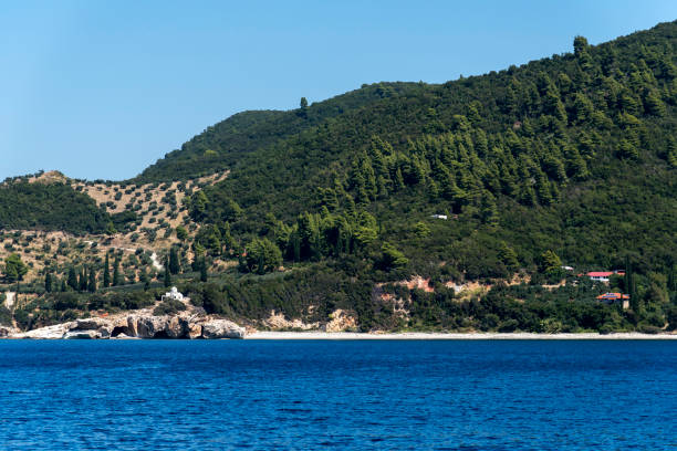 General view of mount Athos coast with small orthodox church