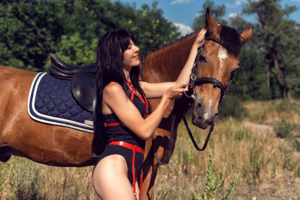 茶色の馬を持つ少女の夏の散歩 - 7954 ストックフォトと画像