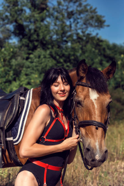 sommerspaziergang des mädchens mit einem braunen pferd - 7956 stock-fotos und bilder