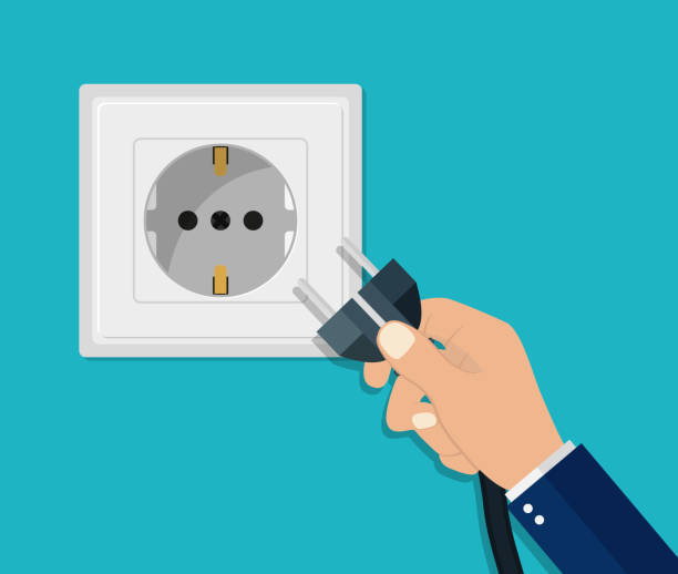 ilustrações de stock, clip art, desenhos animados e ícones de hand disconnecting electric plug. man unplug electrical power socket. energy cable off. flat safety concept. connect plug in wall socket. switch appliance of equipment. vector - cable audio equipment electric plug computer cable