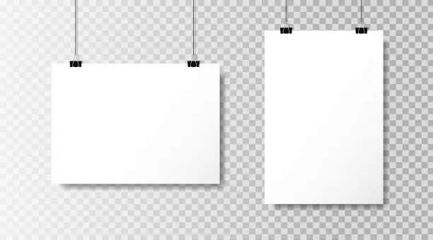 Vector illustration of Realistic white blank paper format A4 in mockup style.Empty blank paper sheets hanging on binder clips. Poster hanging on a rope with clips on transparent background. vector