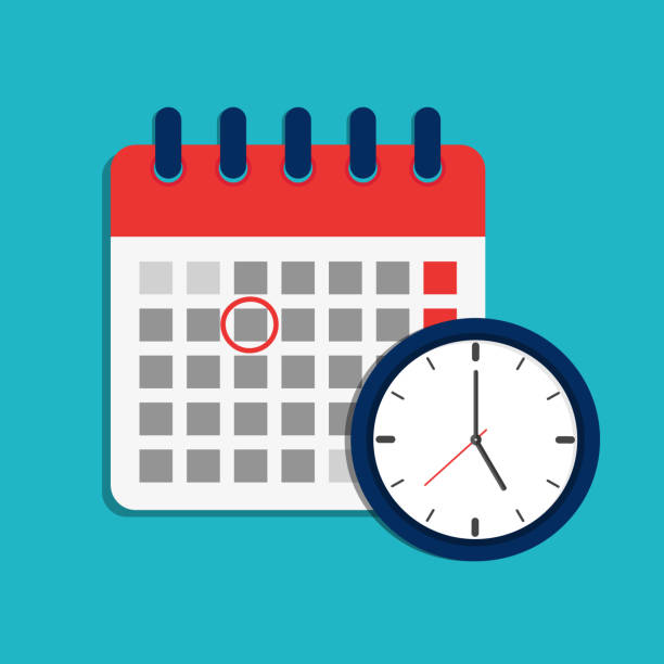 Calendar schedule and clock icon. Time appointment, reminder date concept. Flat organizer, timesheet, time management with alarm clock. Calendar and timer for business, shool, event holiday. vector Calendar schedule and clock icon. Time appointment, reminder date concept. Flat organizer, timesheet, time management with alarm clock. Calendar and timer for business, shool, event, holiday. vector calendar date circled stock illustrations