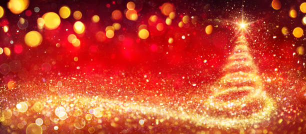 istock Golden Christmas Tree In Red Festive Background 1182013327