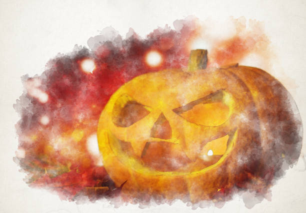 beautiful carved halloween pumpkin on an background with bokeh