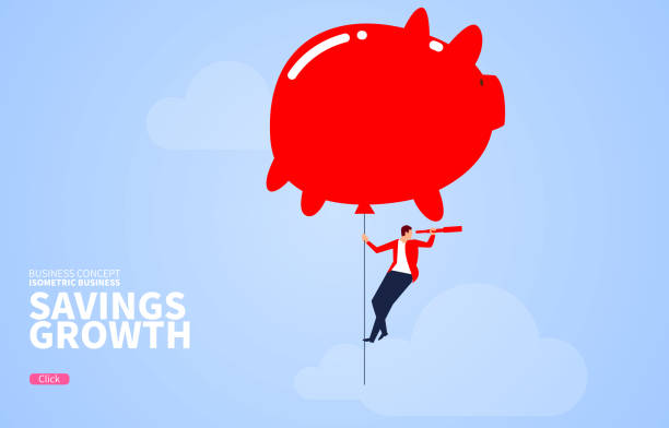 oszczędności rosną, balony skarbonki prowadzą biznesmenów do latania w górę - spy balloon stock illustrations