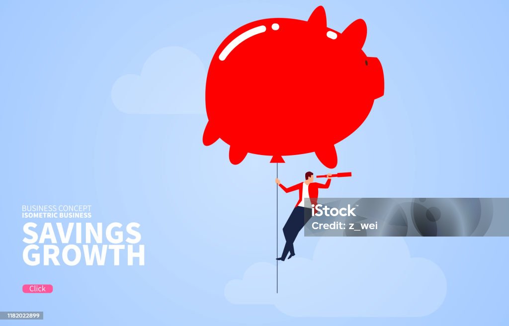 Экономия растет, копилка воздушных шаров привести бизнесменов летать вверх - Векторная графика Валюта роялти-фри