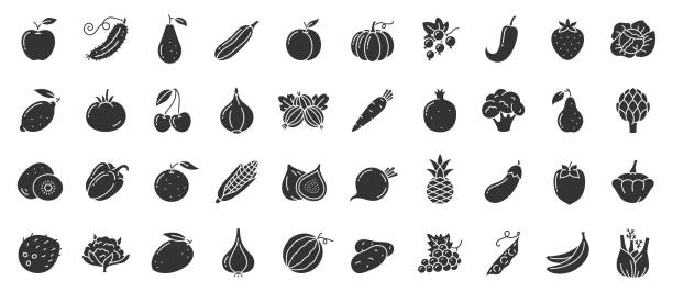 Fruit berry vegetable food glyph icon vector set Fruit, berry, vegetable glyph icons set. Food symbol, simple shape pictogram collection. Vegetarian silhouette design element. Pumpkin, strawberry, cherry, black sign Isolated icon vector illustration fruit silhouettes stock illustrations