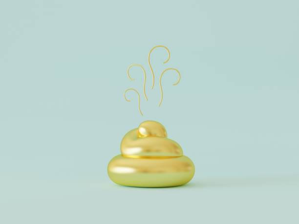istock 3d render. Golden excrement with smoke on a blue background. Minimalistic design. 1182024319