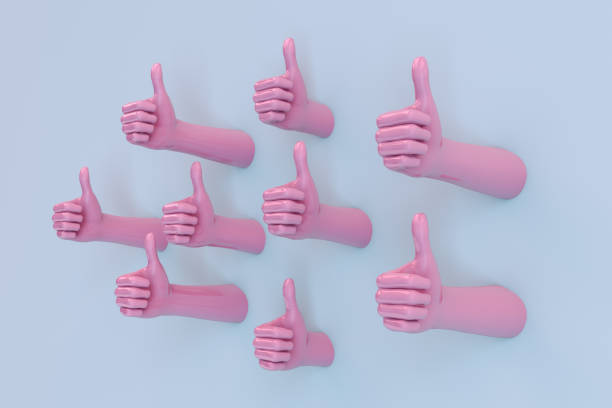 3D rendering of Hand Gesture, Female Mannequin, Thumbs Up, Blue Color Background.