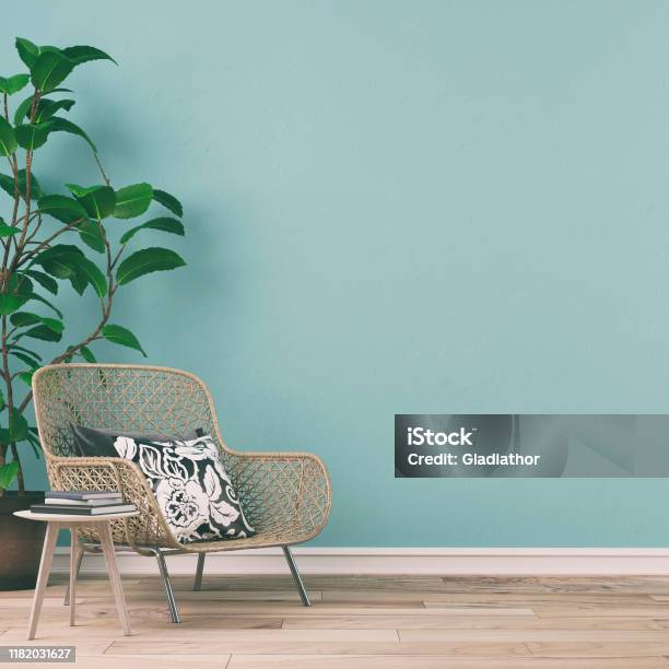 Empty Retro Interior With 70s Decoration Stock Photo - Download Image Now - Wall - Building Feature, Living Room, Backgrounds