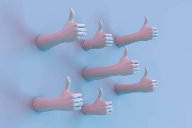 3D rendering of Hand Gesture, Female Mannequin, Thumbs Up, Blue Color Background.