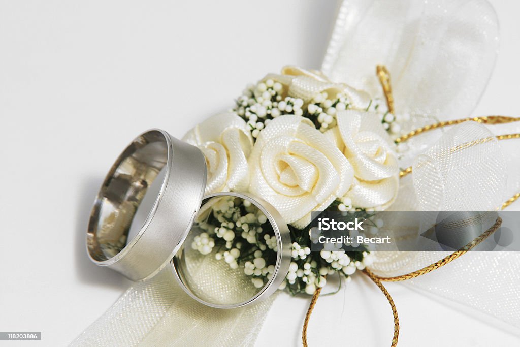 Wedding Bouquet and rings Wedding rings on pillow Engagement Stock Photo