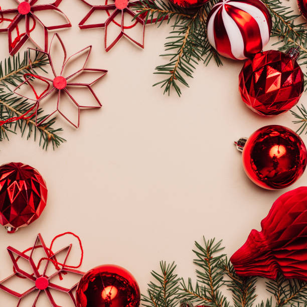 オーバーヘッドの上からクリスマスの装飾フレームの背景 ストックフォト