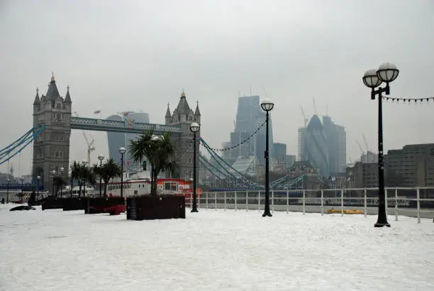 Famous London tourist attraction and skyscrapers in the cold, winter Christmas weather