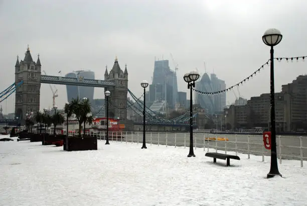 Famous London tourist attraction and skyscrapers in the cold, winter Christmas weather