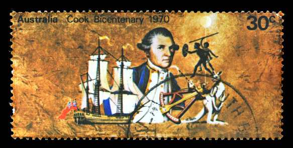Postmark Australia, Captain James Cook centenary isolated on black background
