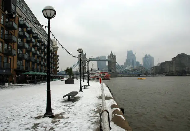 Famous London tourist attraction and skyscrapers in the cold, winter Christmas weather